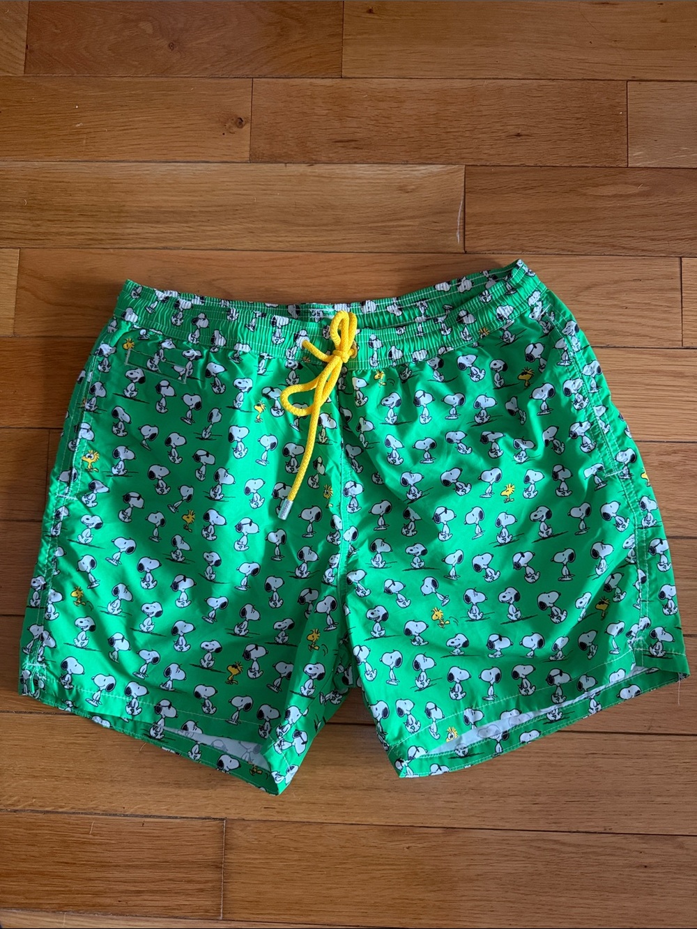 MC2 Saint Barth Green Snoopy Swim Trunks with Yellow Drawstring